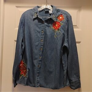 Holiday Editions Denim Shirt with Floral Embroidery Festive Celebration Size XL